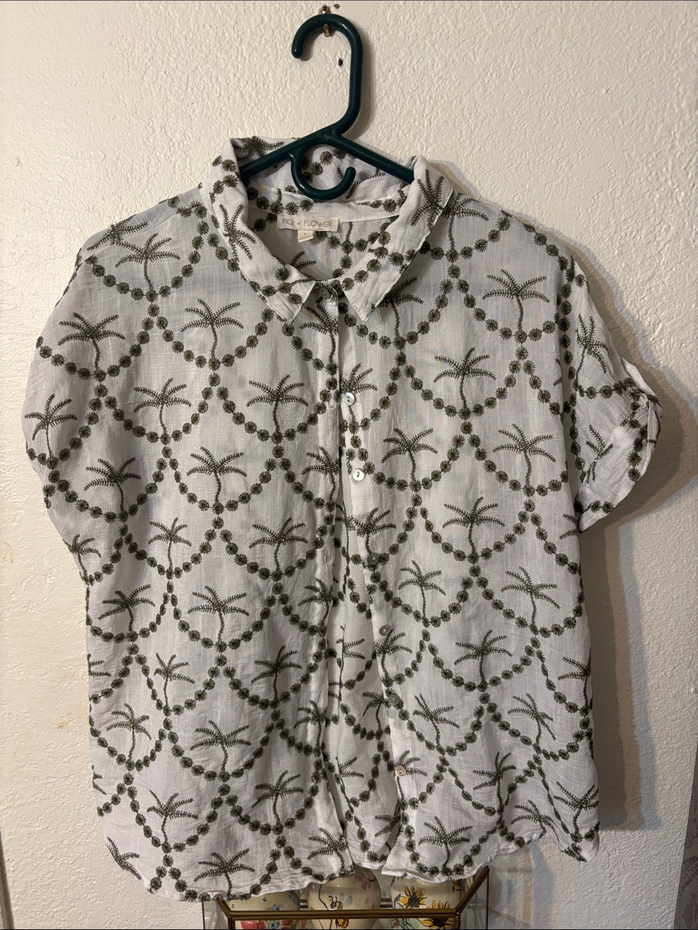 fig and flower White Button-Down Shirt with Olive Palm Print